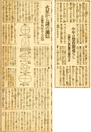 朝日新聞1946年1月19日 「火星から謎の通信」
朝日新聞1946年11月18日「火星も今が豊作の最中です」